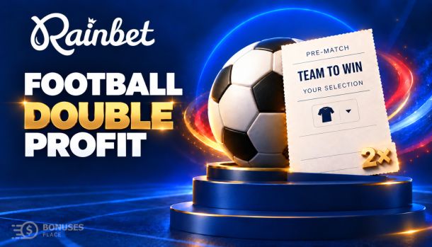 Rainbet Double Profit football promotion featuring a football, a pre-match betting slip and a 2x symbol.