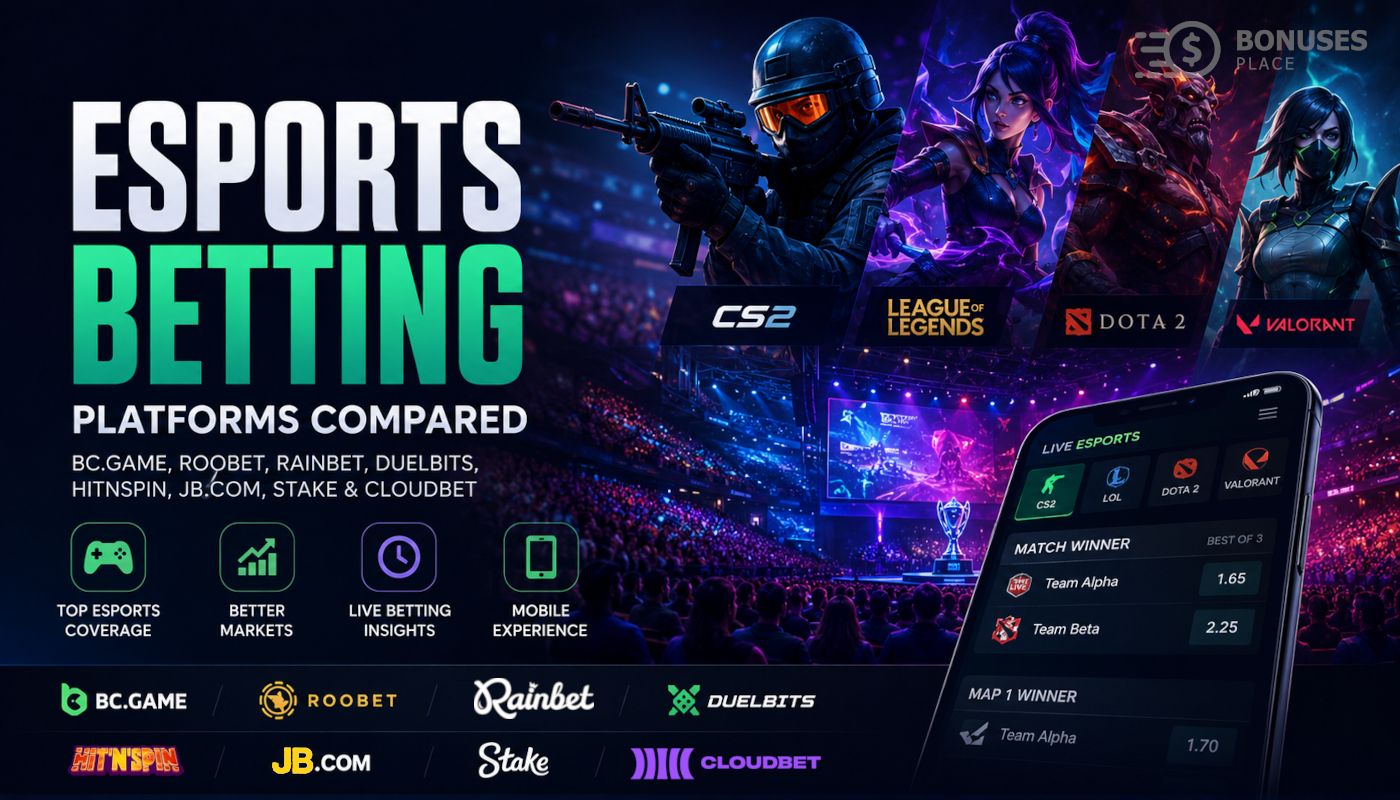Esports betting platforms comparison featuring Stake, Cloudbet, Duelbits, BC.Game, Roobet and Rainbet for CS2, League of Legends, Dota 2 and Valorant betting