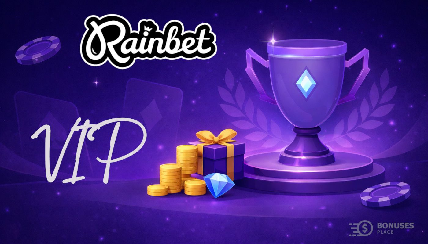 Rainbet VIP program illustration with trophy, coins and rewards in a purple casino theme