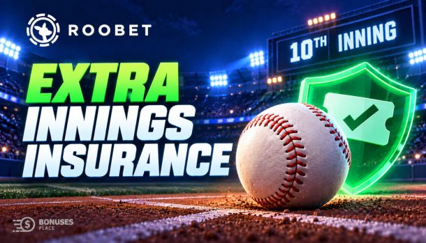 Baseball beside a glowing protective shield in a stadium displaying the tenth inning, with the Roobet logo.