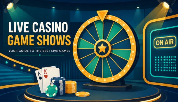 Live casino game show studio with glowing wheel and host facing camera under soft studio lights