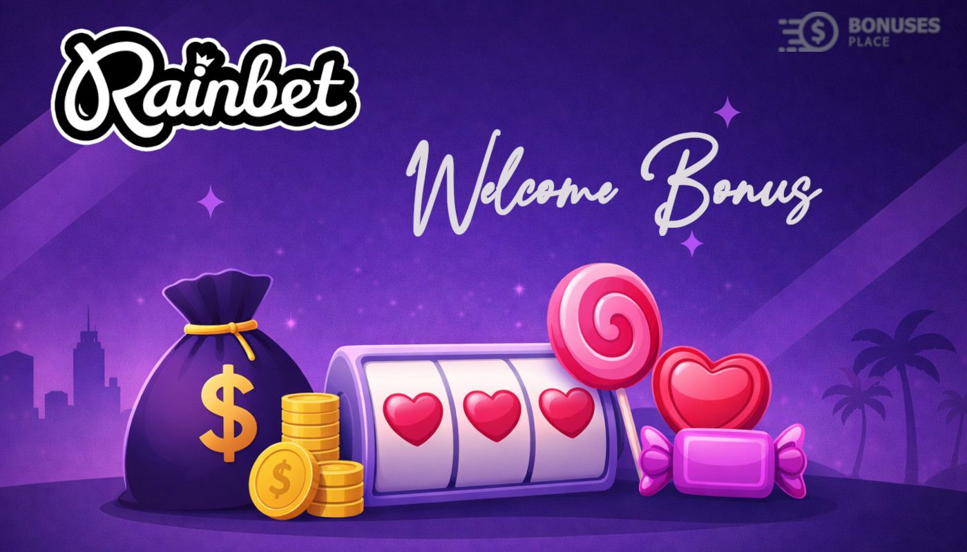 Rainbet welcome bonus illustration with deposit bonus, free spins, slot machine and Sweet Bonanza style candy