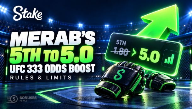 Stake UFC 333 odds boost promotional illustration featuring MMA gloves, a glowing betting card and a green upward arrow