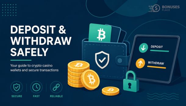 Illustration showing a crypto casino wallet, laptop, and shield symbolizing safe crypto deposits and withdrawals