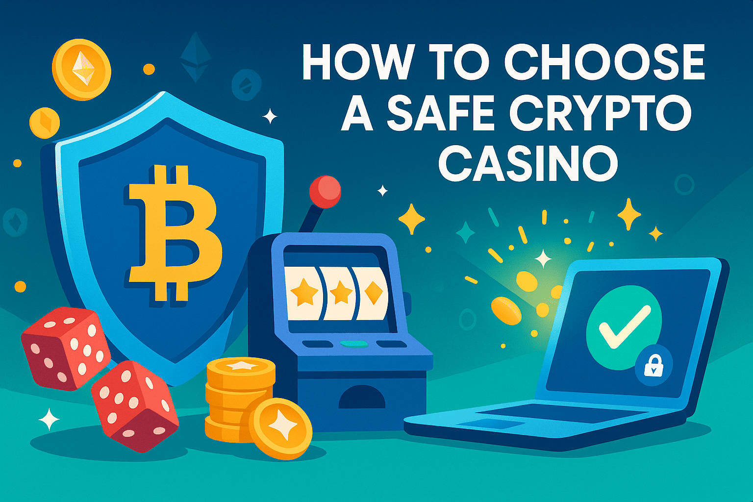 Illustration combining crypto security with casino symbols like dice and slots to represent safe crypto gambling.
