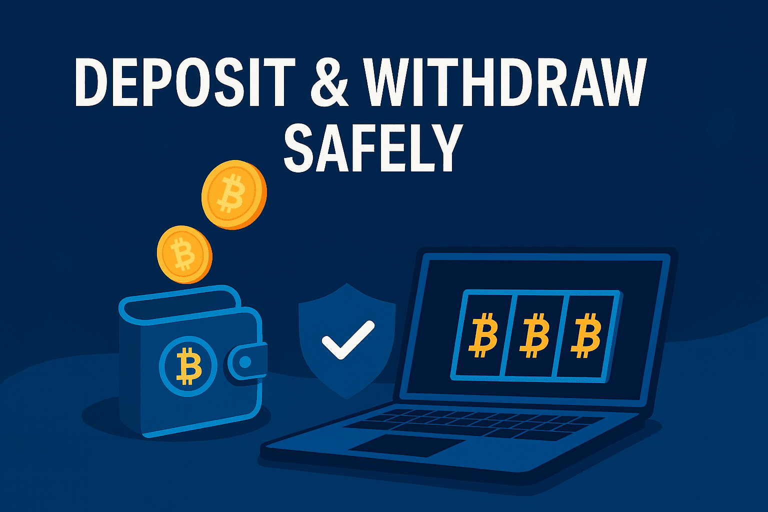 Hero illustration showing a crypto casino wallet, laptop, and shield symbolizing safe crypto deposits and withdrawals