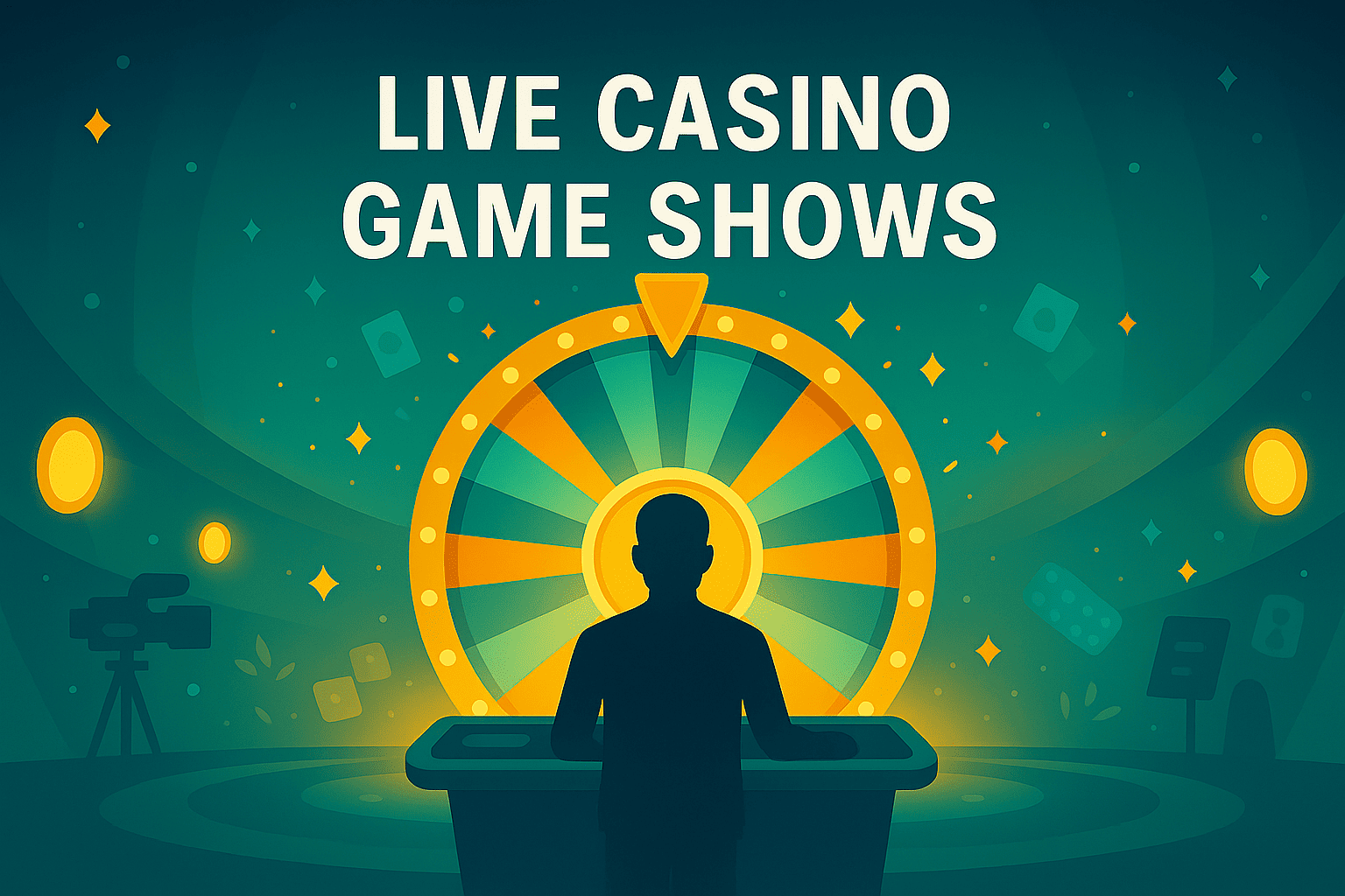 Live casino game show studio with glowing wheel and host facing camera under soft studio lights
