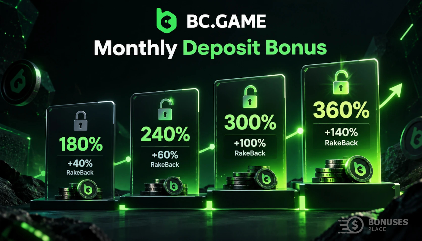 BC.Game Monthly Deposit Bonus with four reward stages from 180% to 360% plus RakeBack