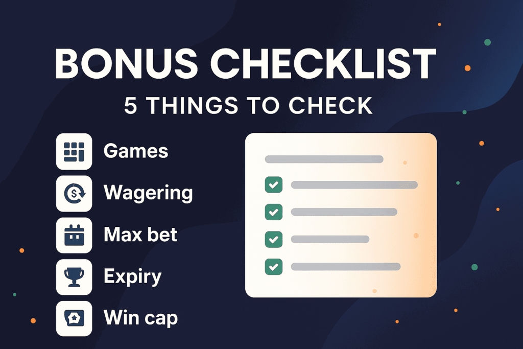 Vector illustration showing a stylized bonus checklist with icons for eligible games, wagering, max bet, expiry, and win cap.