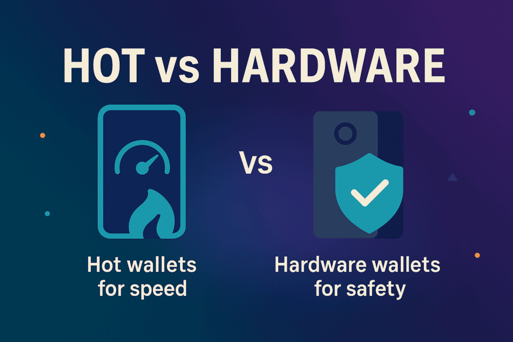 Comparison graphic showing a hot crypto wallet for speed and a hardware wallet for safety, in flat vector style.