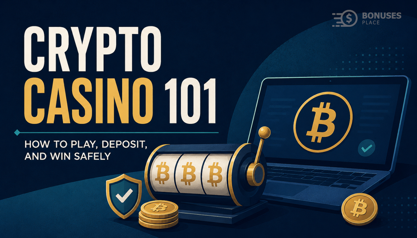 Crypto Casino 101 guide with Bitcoin slot machine, laptop, coins, and secure play symbols.