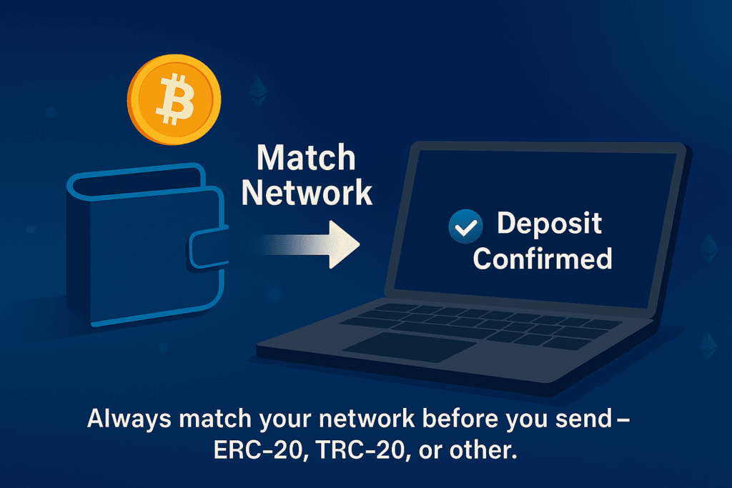 Illustration showing how to deposit crypto safely by matching networks (ERC-20, TRC-20, or other) before sending funds.