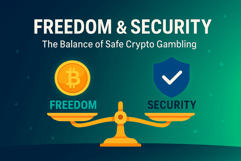 Flat vector illustration showing a balanced scale with Bitcoin labeled Freedom on one side and a blue shield labeled Security on the other, representing the balance between independence and safety in crypto gambling.