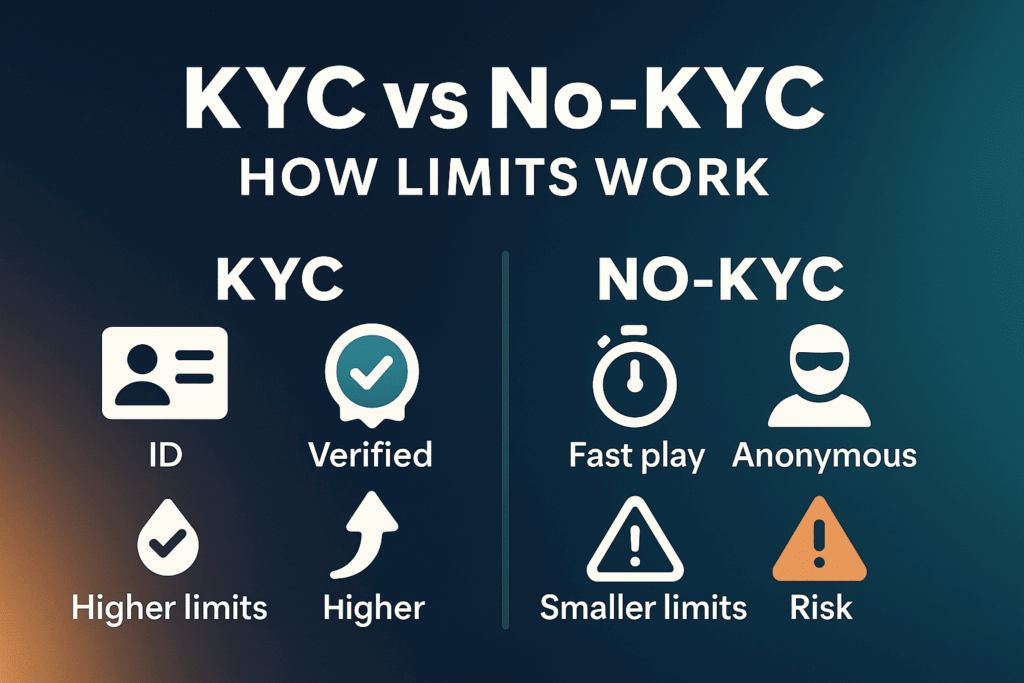 Vector illustration comparing KYC and no-KYC casino accounts, showing limits, verification, and risk differences.