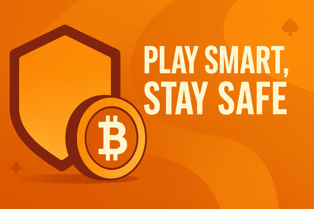 Vector illustration showing a shield, crypto coins, and a playing card on a warm orange gradient background with the title “Play Smart, Stay Safe”.