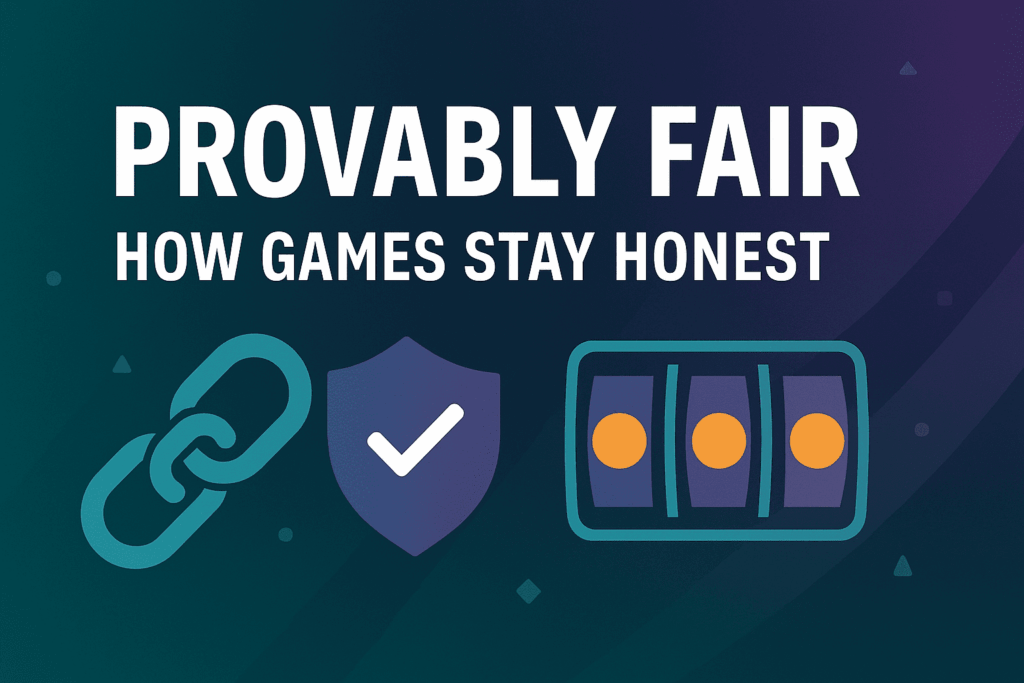 Vector illustration showing a chain link, a shield with a checkmark and slot reels under the title “Provably Fair – How Games Stay Honest