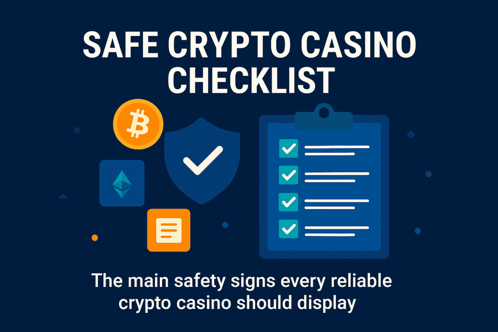 Flat vector illustration showing a clipboard checklist with seven verified items, shield, and crypto symbols, representing the key safety indicators of a trusted crypto casino.