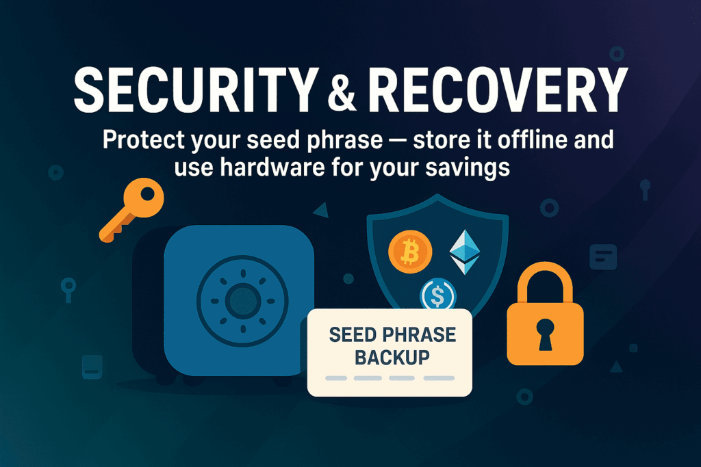 Flat vector illustration showing a crypto safe, shield with Bitcoin, Ethereum, and USDT icons, a seed phrase backup card, lock, and key symbolizing wallet security and recovery.