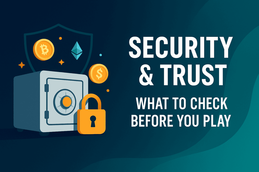 Vector illustration showing a padlock, shield and warning icons under the title “Security & Trust – What to Check Before You Play”.