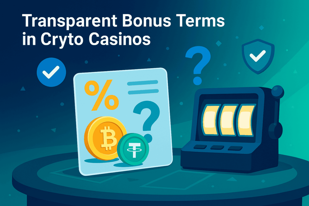 Flat vector illustration showing a transparent bonus card with Bitcoin and Tether coins, next to a slot machine, surrounded by checkmark, question mark, and shield icons, symbolizing transparency and trust in crypto casino bonuses.