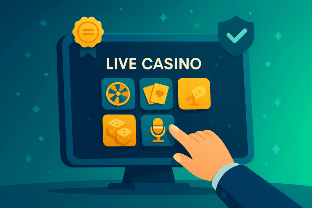 Illustration showing a player selecting a secure live casino platform with game icons for wheel, dice, cards, and microphone on a glowing screen.