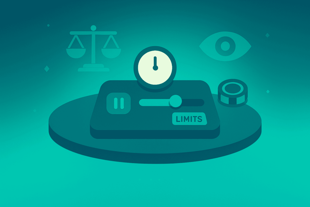 Illustration of a live game show control panel with a timer, bet slider, pause icon and subtle balance and awareness symbols, representing responsible play.