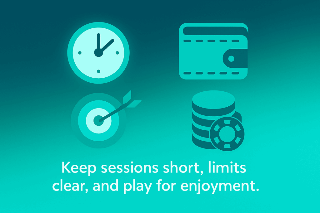 Illustration showing smart play habits for live casino game shows with icons for time, bankroll, focus, and communication on a turquoise gradient background.