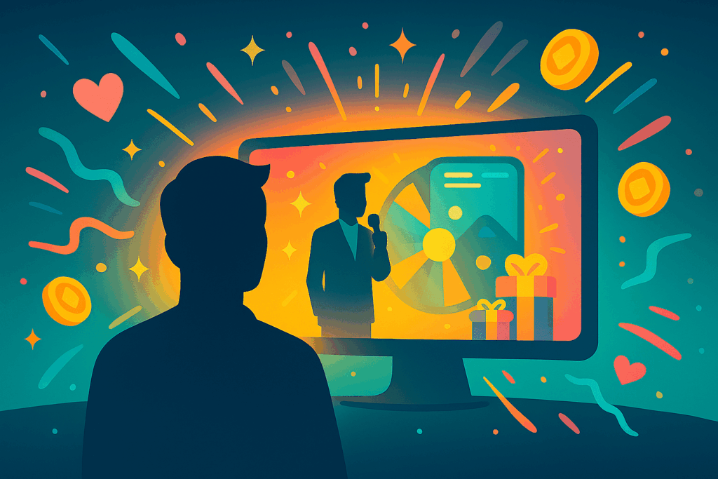 Illustration showing a player silhouette watching a glowing live casino game show screen surrounded by light bursts, coins, and hearts.