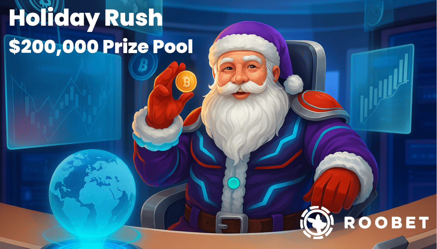 Futuristic Santa in a high-tech control room holding a Bitcoin coin, used as the main visual for Roobet&rsquo;s $200,000 Holiday Rush promotion.
