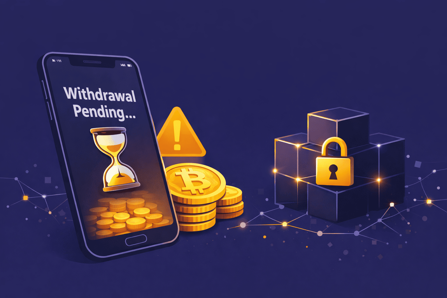 Crypto withdrawal pending on a smartphone with warning icon, Bitcoin coins and secured vault.