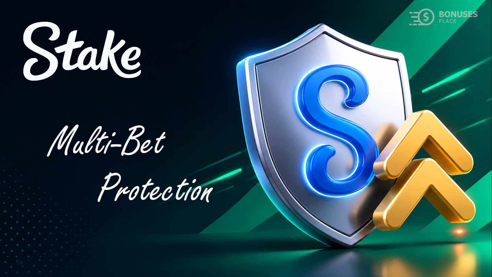 Stake Shield multi bet protection with shield icon and fixed payout concept