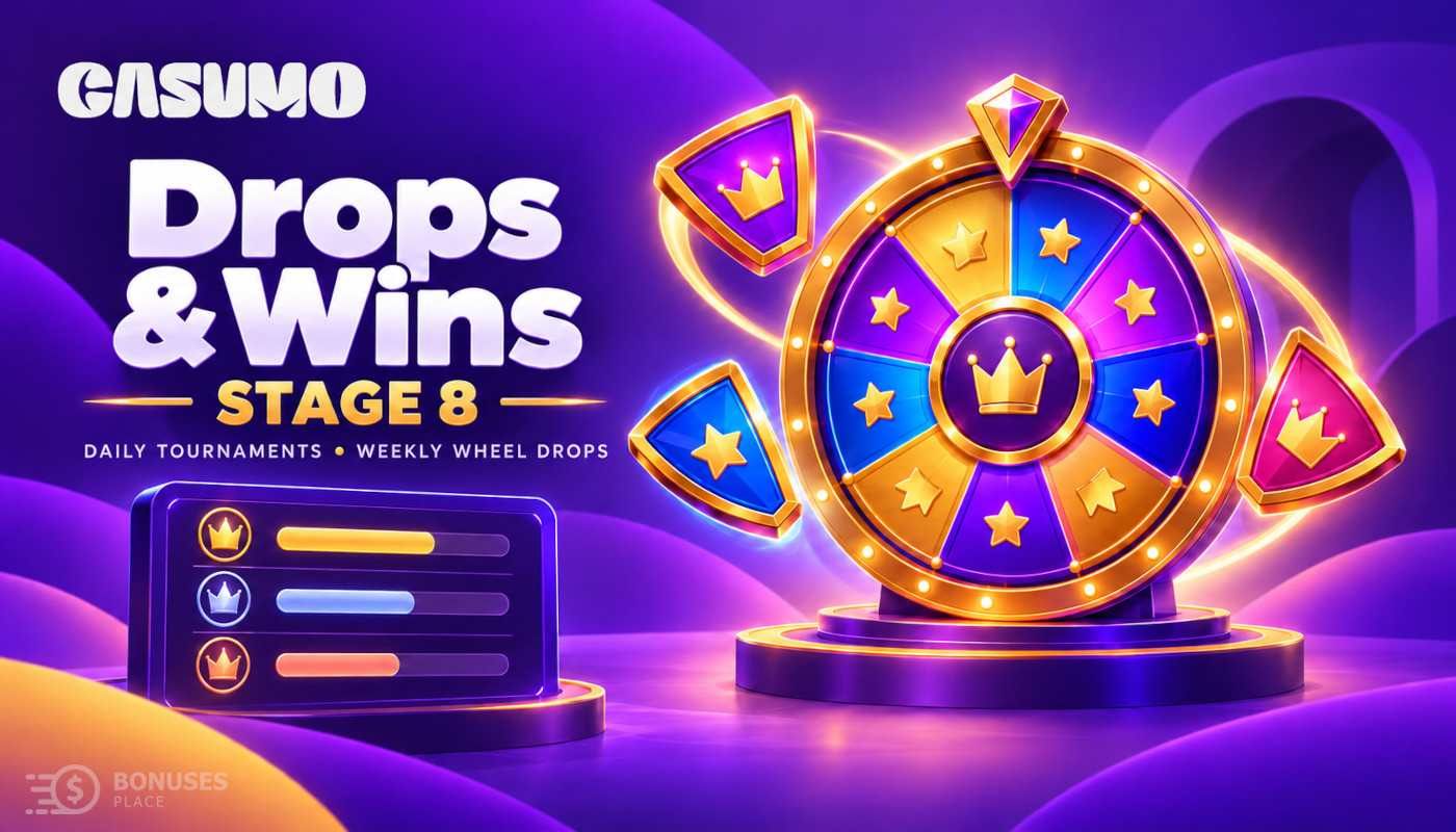 Casumo Drops & Wins Stage 8 promotional graphic with a prize wheel and tournament leaderboard