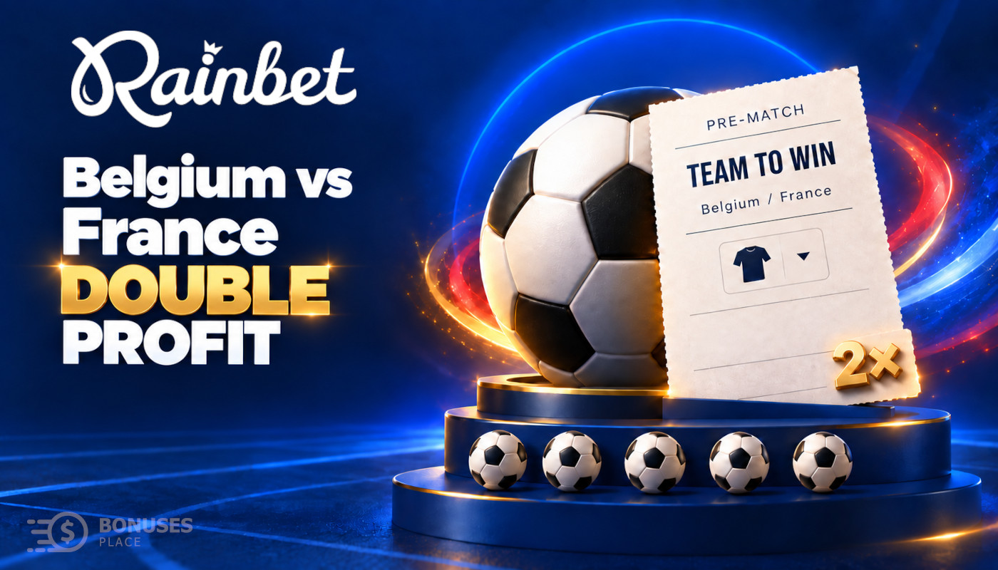 Illustration of a Belgium vs France pre-match betting ticket, a football and five goal markers for Rainbet’s Double Profit offer