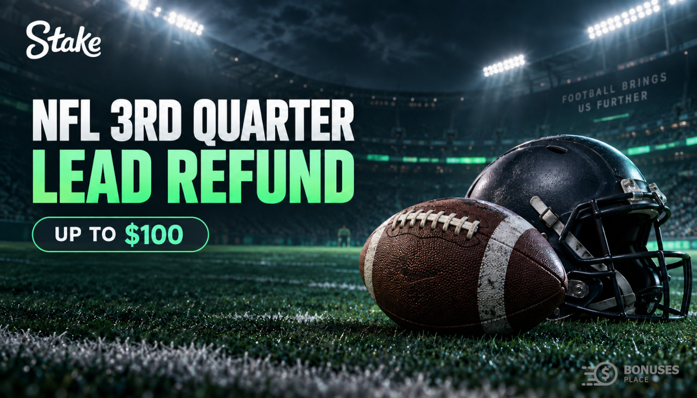 Football and helmet in a floodlit stadium illustrating Stake’s NFL third-quarter lead refund of up to $100.