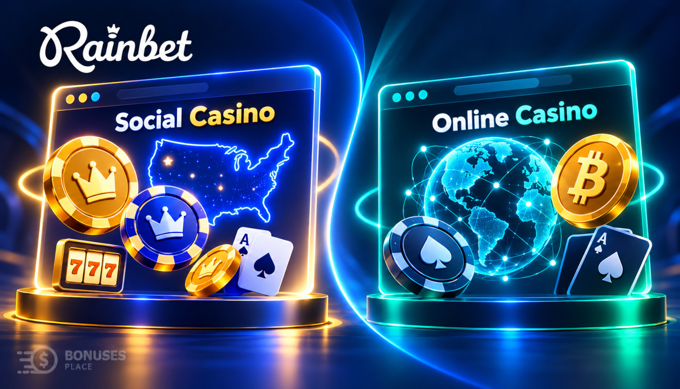 Rainbet US social casino and Rainbet.com crypto casino compared side by side, featuring virtual coins, a US map and cryptocurrency symbols.