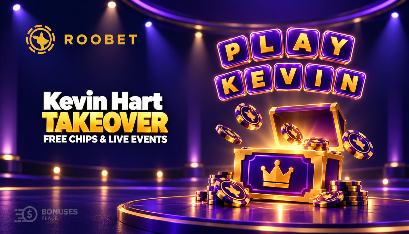 Roobet Kevin Hart Takeover illustration with PLAY and KEVIN letter tiles, casino chips and a purple-and-gold reward chest.