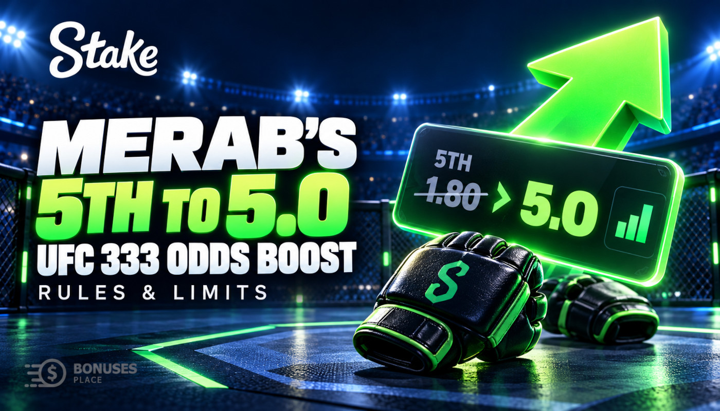 Stake UFC 333 odds boost promotional illustration featuring MMA gloves, a glowing betting card and a green upward arrow