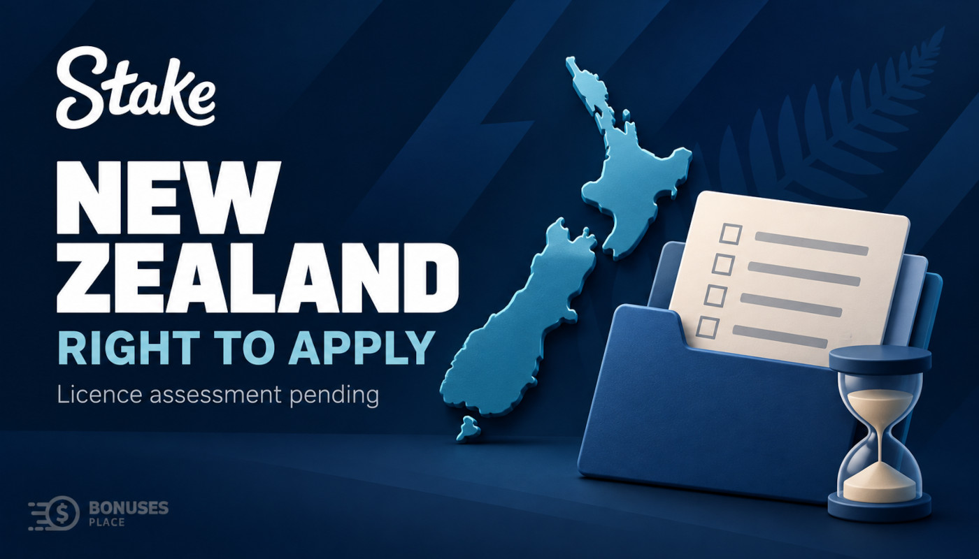 New Zealand map beside an application folder and hourglass, illustrating Stake’s pending casino licence assessment.