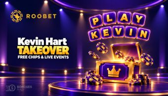 Roobet Kevin Hart Takeover illustration with PLAY and KEVIN letter tiles, casino chips and a purple-and-gold reward chest.