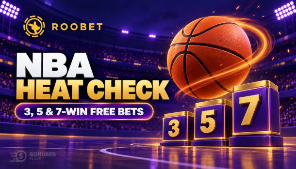 Roobet NBA Heat Check banner with a glowing basketball and 3, 5 and 7-win milestones.