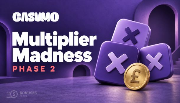 Trois tuiles violettes portant un symbole de multiplication et une pièce dorée avec le symbole £ illustrent Casumo Multiplier Madness Phase 2.