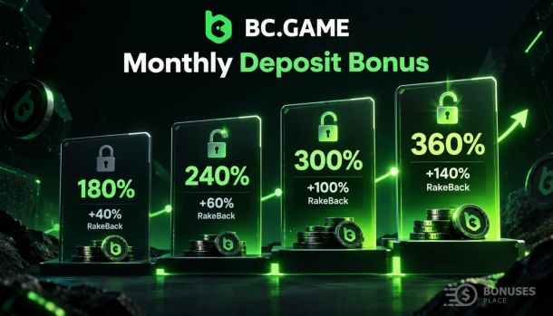 BC.Game Monthly Deposit Bonus with four reward stages from 180% to 360% plus RakeBack