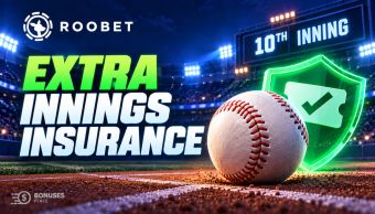 Baseball beside a glowing protective shield in a stadium displaying the tenth inning, with the Roobet logo.