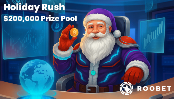 Futuristic Santa in a high-tech control room holding a Bitcoin coin, used as the main visual for Roobet’s $200,000 Holiday Rush promotion.
