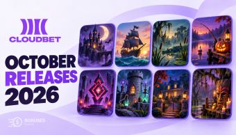 Cloudbet October 2026 slot selection illustrated through eight themes, including pirates, gothic castles, swamps and Halloween fishing.