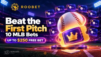 Illustrated baseball stadium with glowing baseball, matchup cards and a free bet ticket for Roobet's Beat the First Pitch.