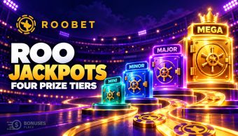 Four illuminated vaults representing Roobet Roo Jackpots tiers: Mini, Minor, Major and Mega.