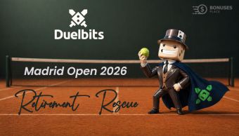 Duelbits style character holding a tennis ball on a clay court during Madrid Open