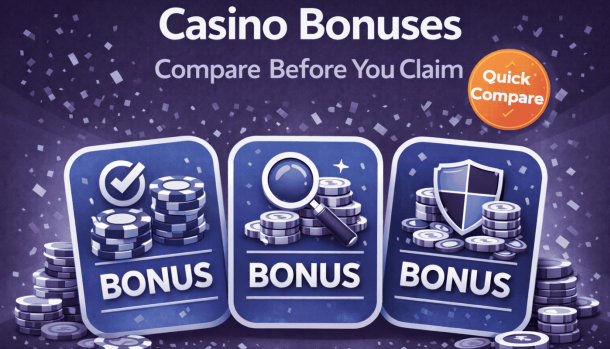 Three casino bonus offers displayed in a quick comparison layout