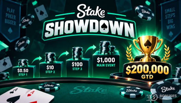 Stake Showdown Poker qualification path from $0.50 to the $200,000 guaranteed tournament